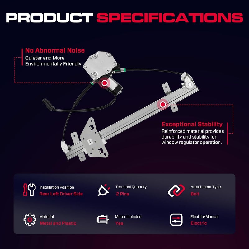 XIMAKA Rear Driver Side Power Window Regulator with Motor (2 Pins) Fit for 2000-2004 Dodge Dakota (Crew Cab Only Cable Operated), 1998-2003 Durango, 741-598 - Image 3
